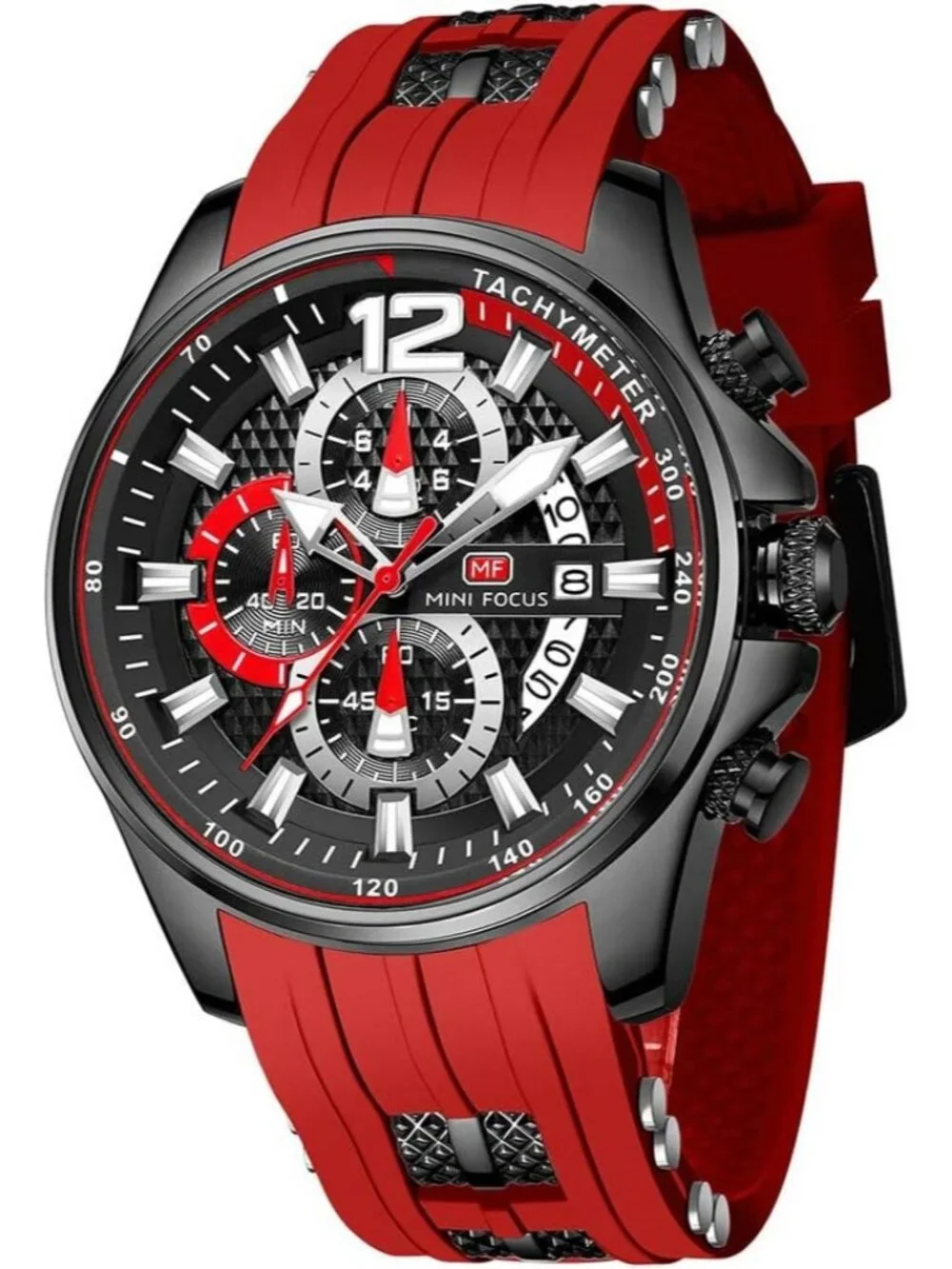 Men's Red Silicon Band Analog Quartz Chronograph Waterproof Luminous Wrist Watch